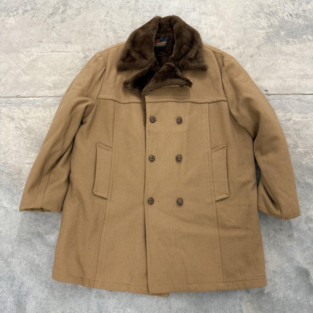 Vintage California Imperial Mens Double Breasted Fur Collar Wool Blend Coat Tan